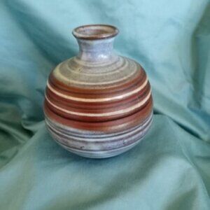 Pottery Vase, Small Brown Blue Stripe ~4 1/2" x 4" Decorative
